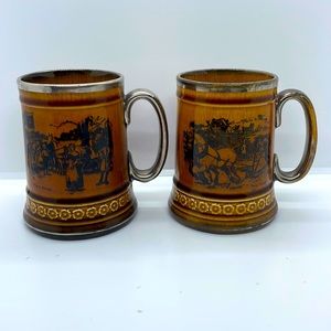 Ridgways Glazed Pottery Mugs, 4” Tall. Set of two. Brown with horse designs.